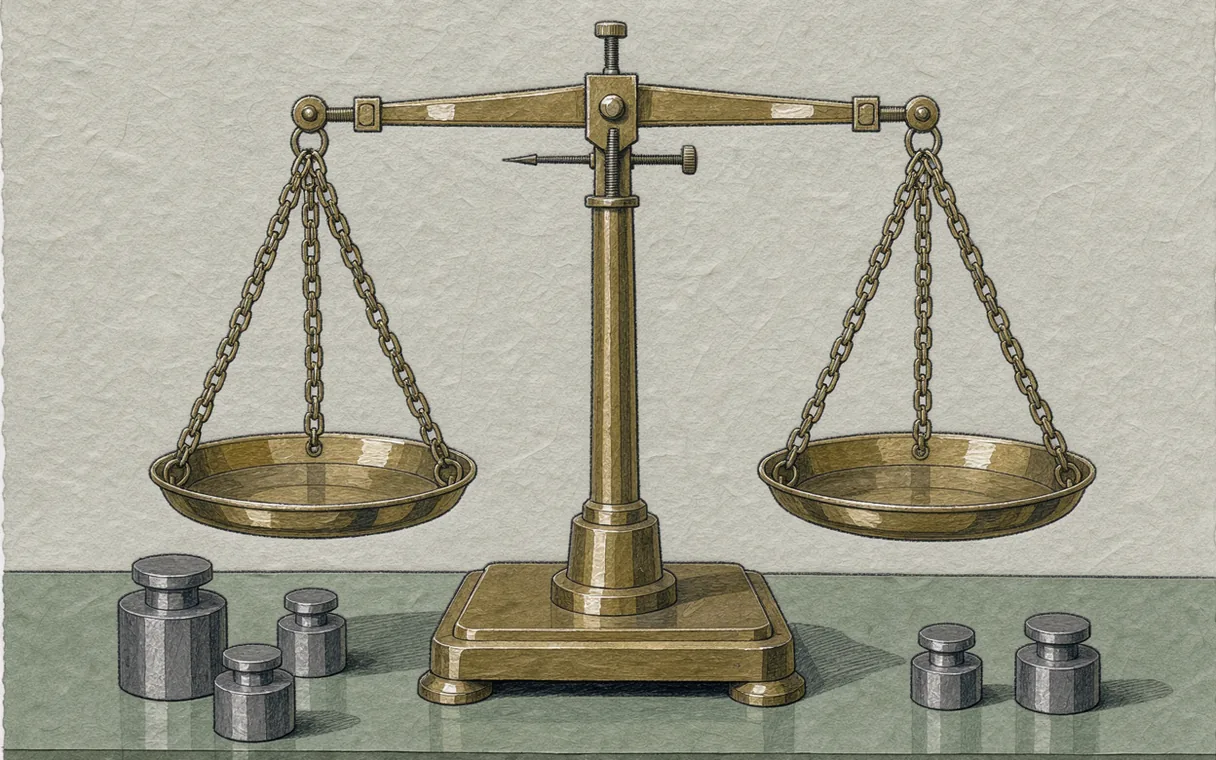 A two-pan brass balance with separate unmarked weights on a green tabletop