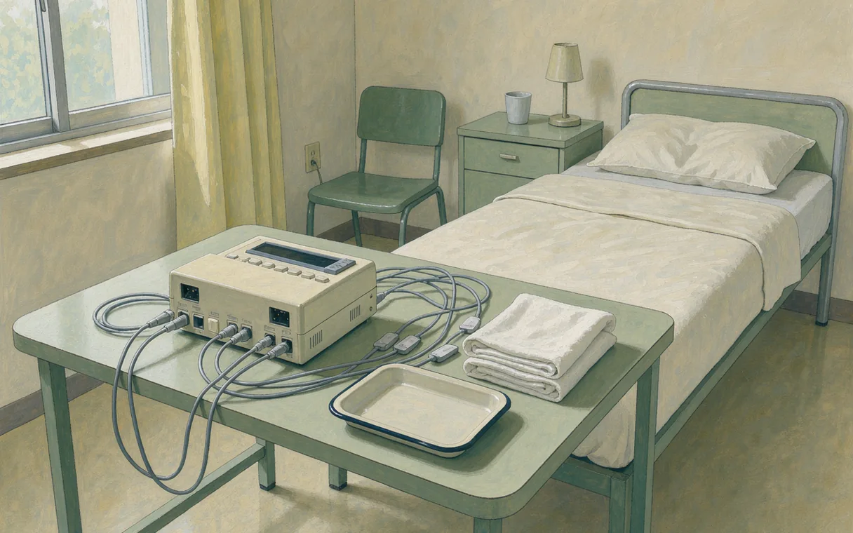 A bedside sleep recorder and soft sensor leads on a pale green table