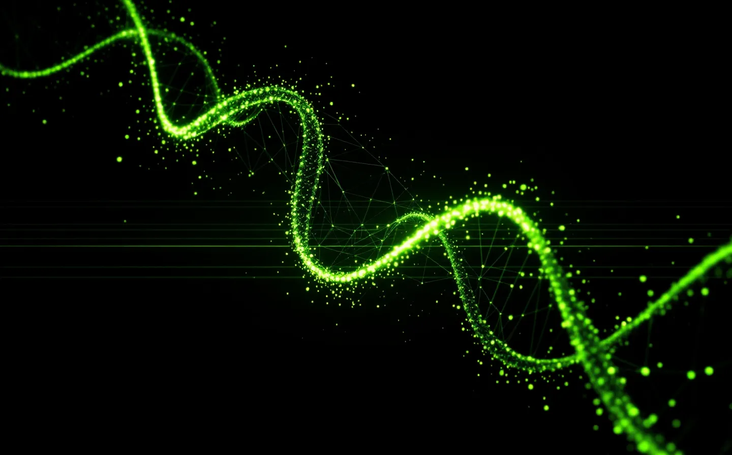 CRT-style phosphor-green wireframe render of an abstract 29-residue peptide chain on dark charcoal