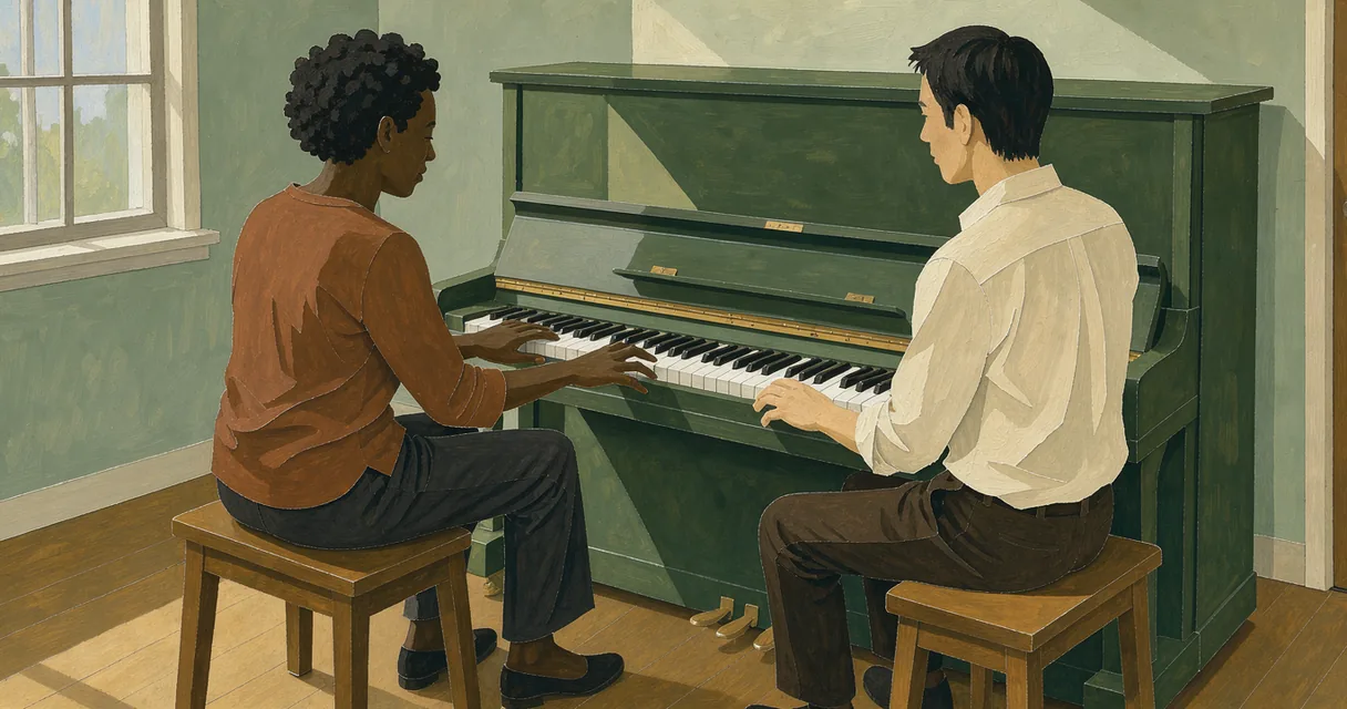 Two adults sharing the keyboard of an upright piano in a green rehearsal room