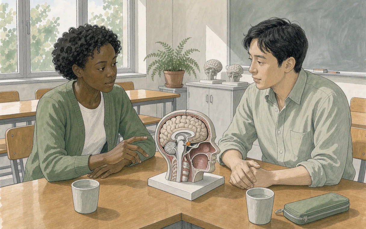 Two adults discussing a split anatomical head model at a classroom table